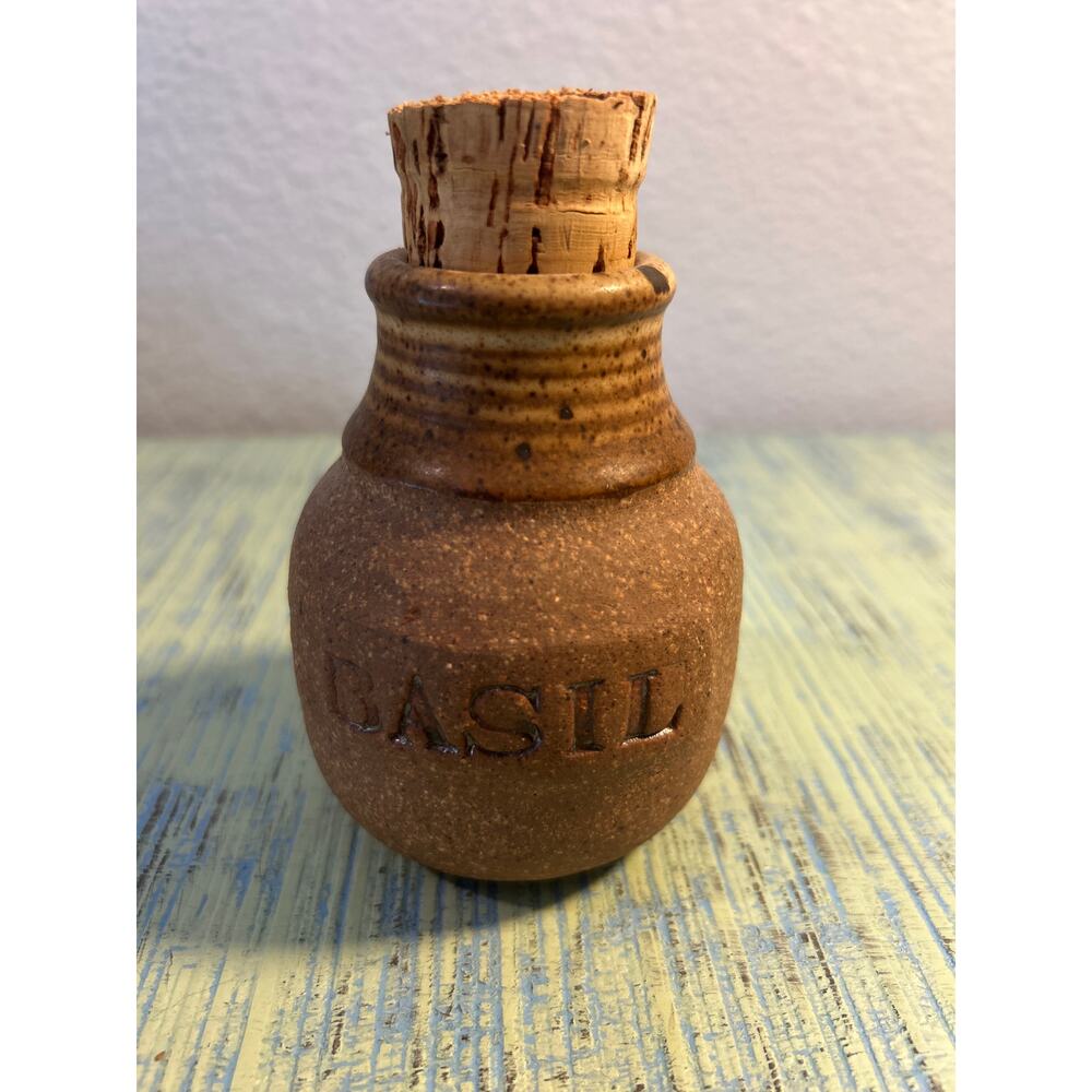 VINTAGE BASIL Rustic Earthenware Herbs Spice Jar Pot Cork Kitchen FARMHOUSE